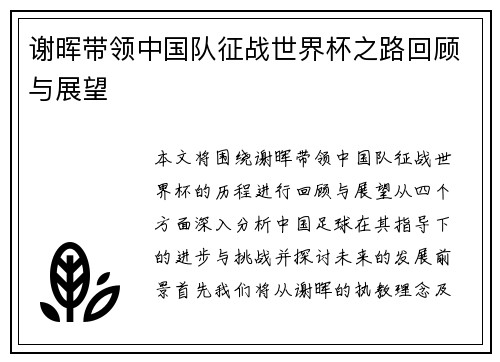 谢晖带领中国队征战世界杯之路回顾与展望